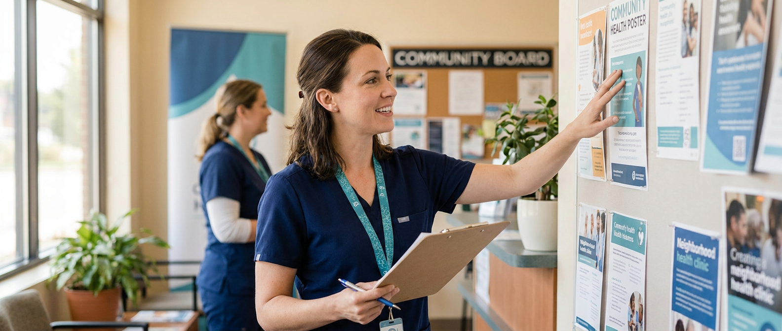 Public health professional reviewing community health notes at a neighborhood clinic.