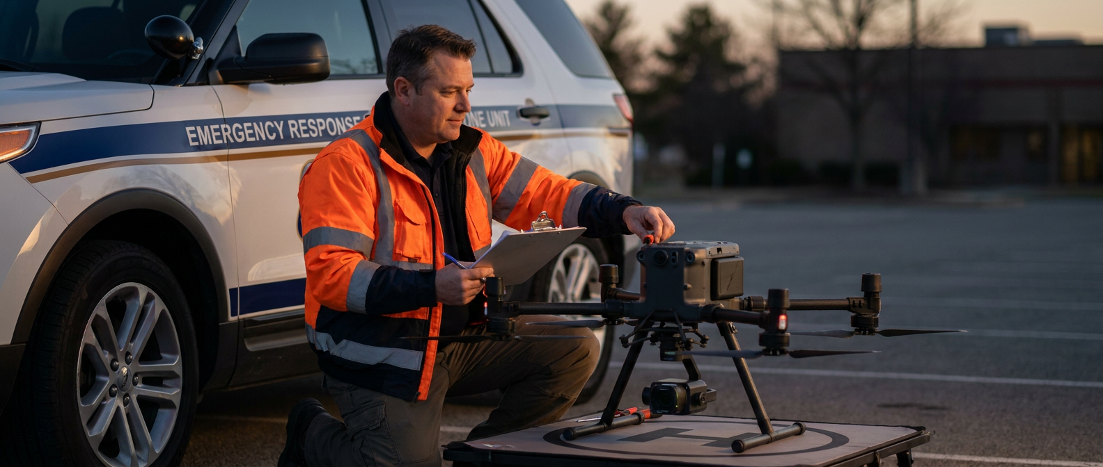 Drone operations specialist calibrating a professional unmanned aircraft at an outdoor test site.