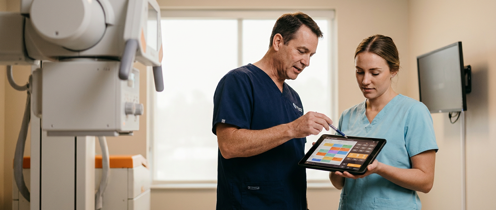 A radiologic technology student and instructor stand beside an imaging machine in a clinical training room, reviewing a tablet that shows a schedule and machine settings in a bright, natural-light environment.
