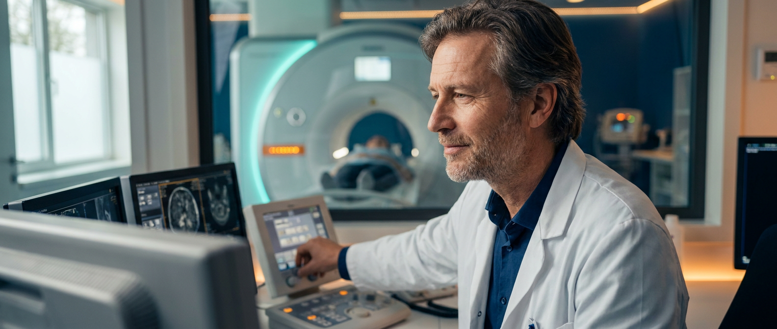 Radiology tech assisting a patient in a modern imaging room during a clinical scan.