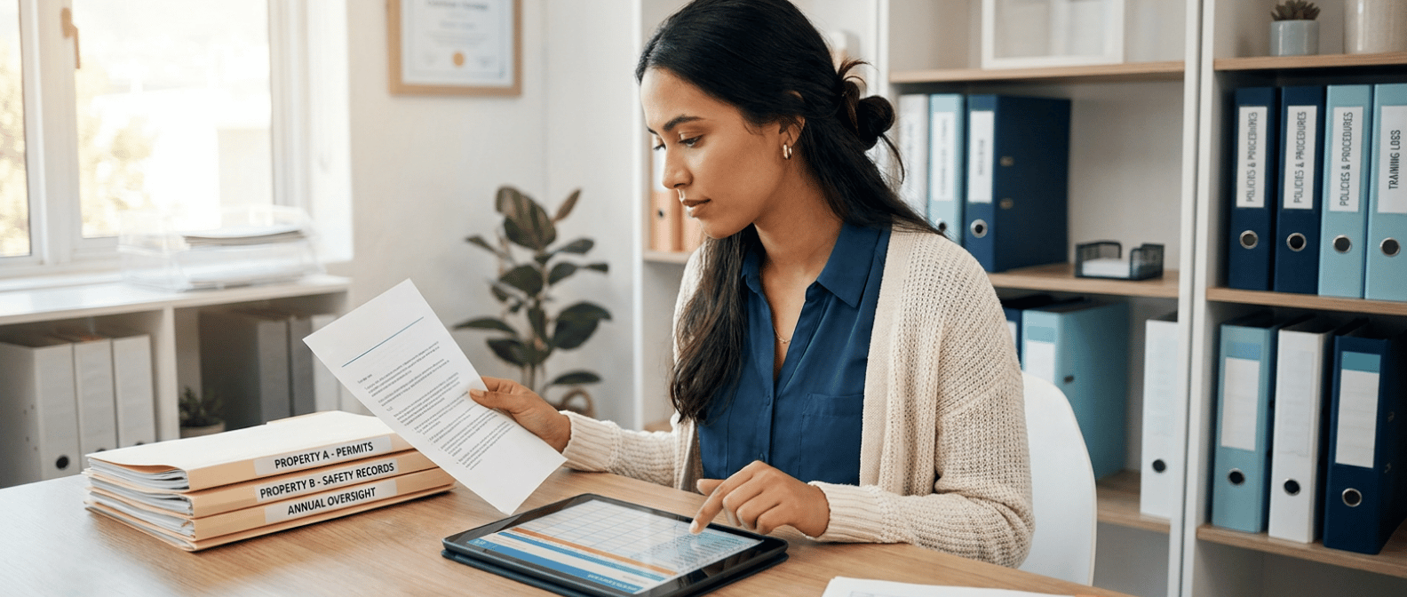 Real estate professional reviewing compliance documents in an office.