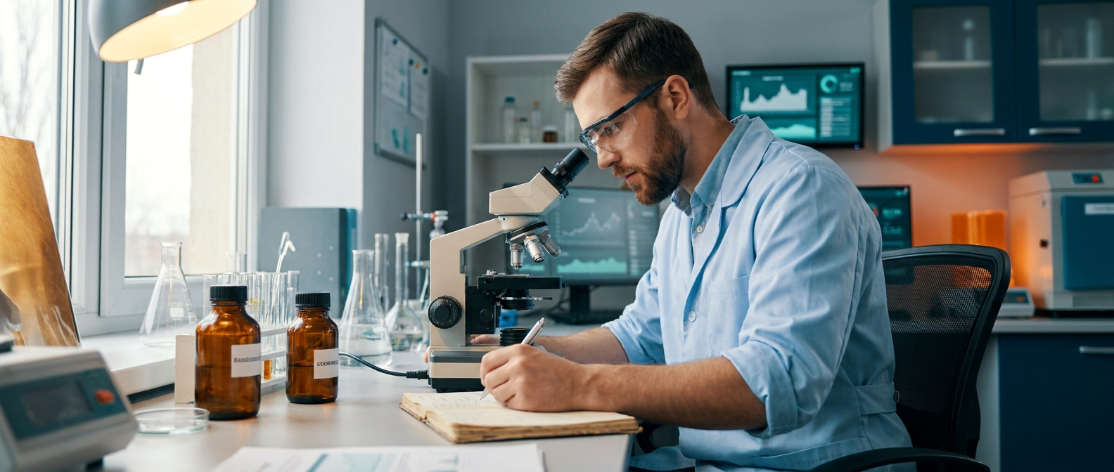 Scientist examining samples in a modern lab while recording observations.