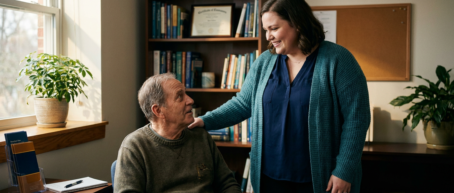 Social worker guiding a client in a counseling office.