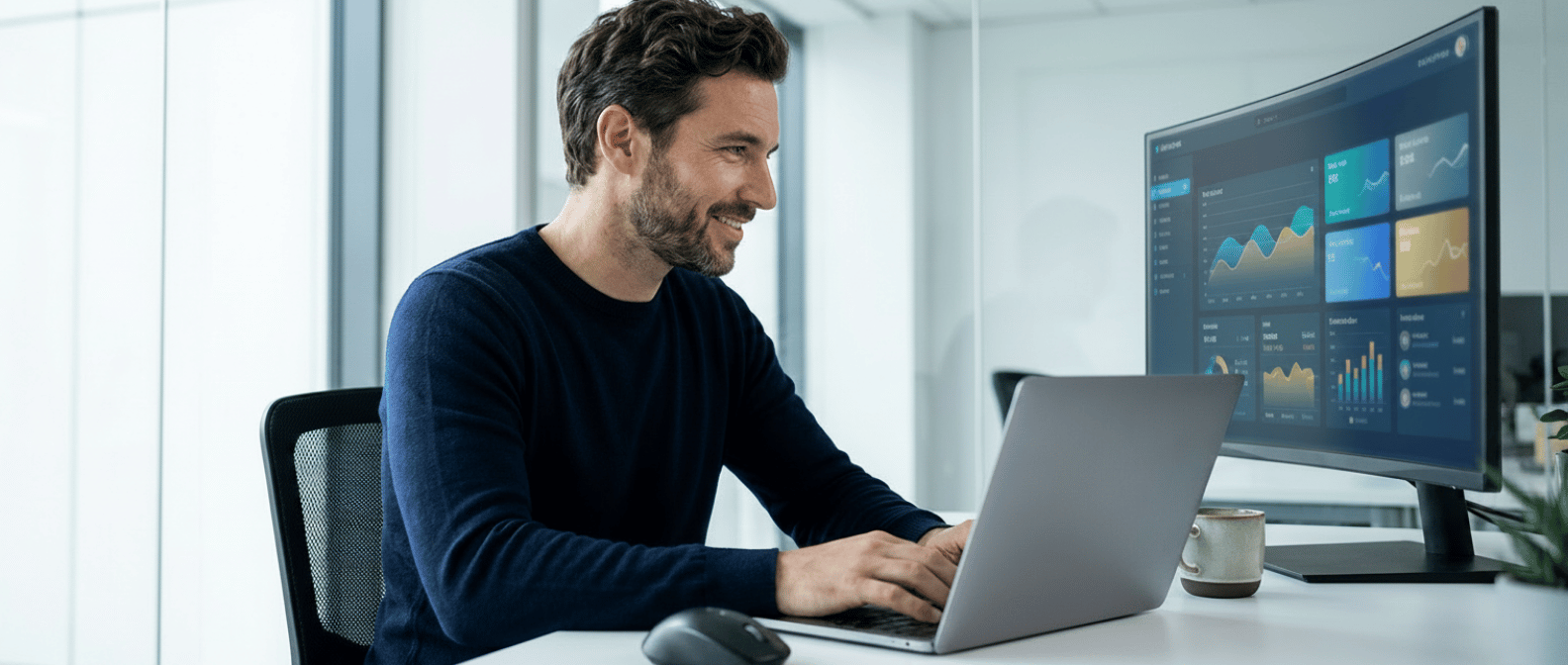 Business analyst working on graphs and charts on a computer in a bright office.