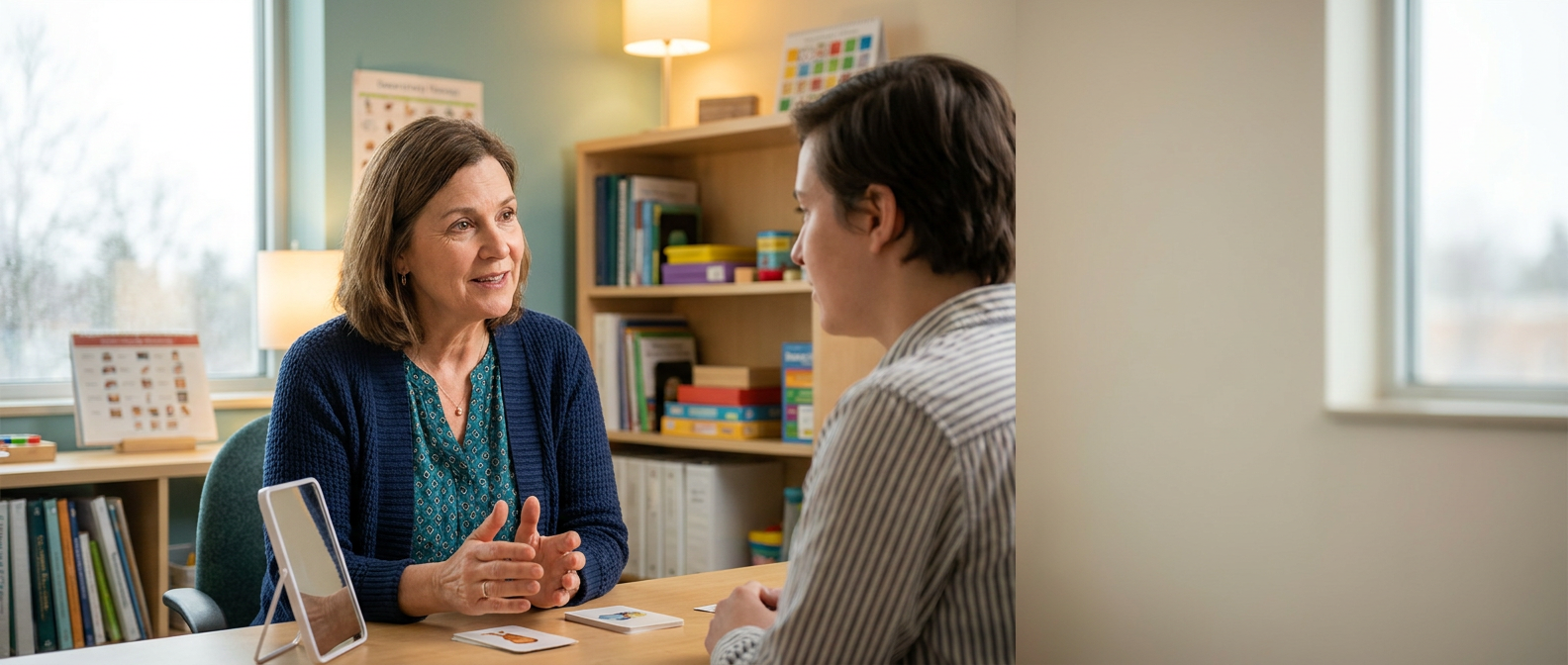 Speech-language pathologist leading a therapy session with an adult client in a bright clinic.