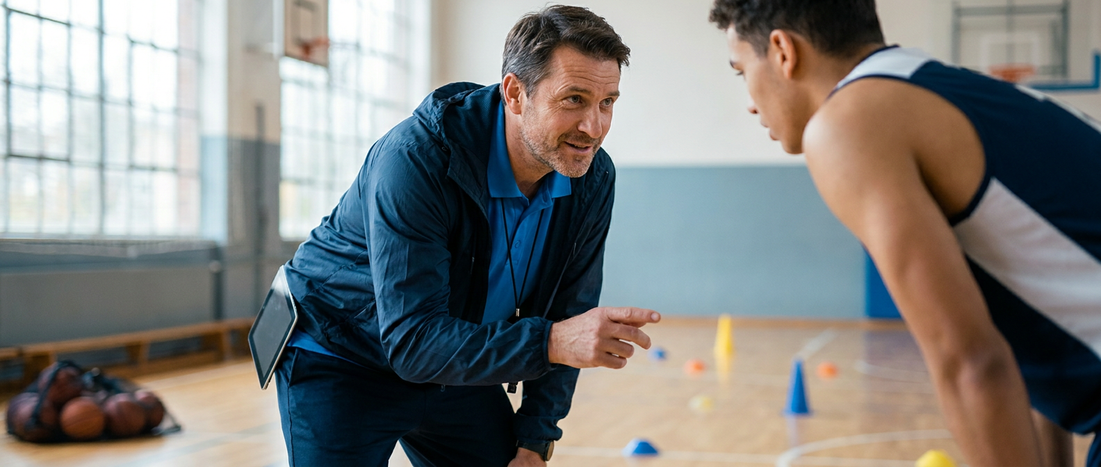 Sports psychologist courtside supporting an athlete during training in a professional indoor sports setting.