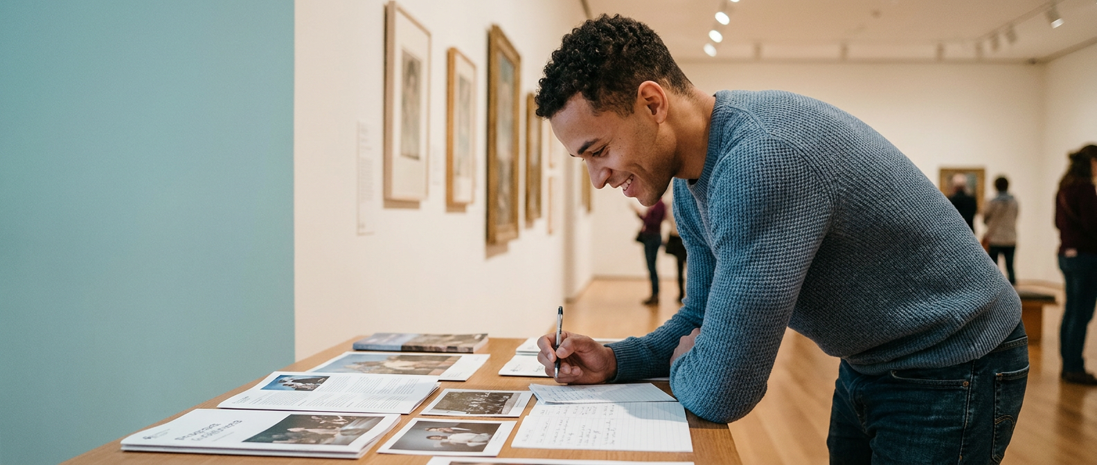 Student leaning over a desk in a museum gallery, reviewing program notes and annotating a syllabus under warm natural light with artworks softly blurred in the background.