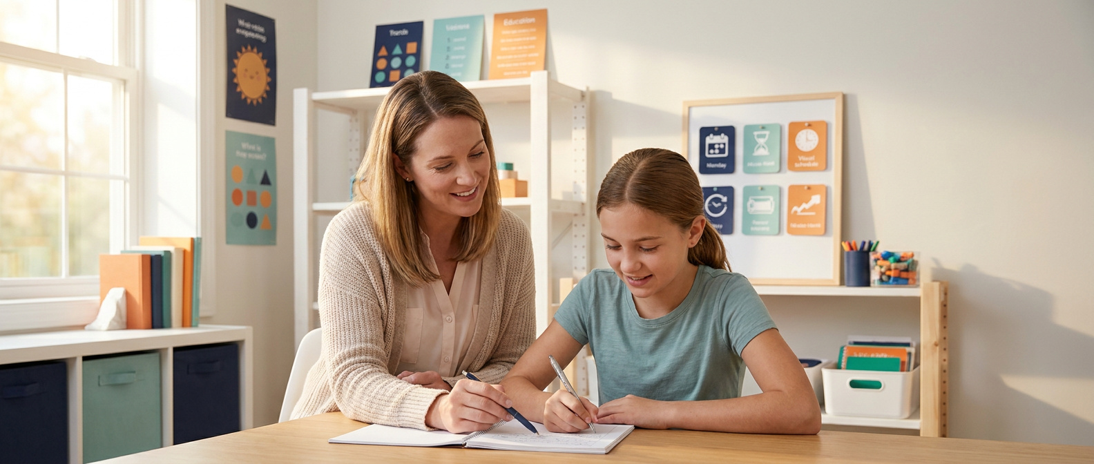 Special education teacher helping a student practice handwriting at a tidy desk with learning tools nearby and warm window light.