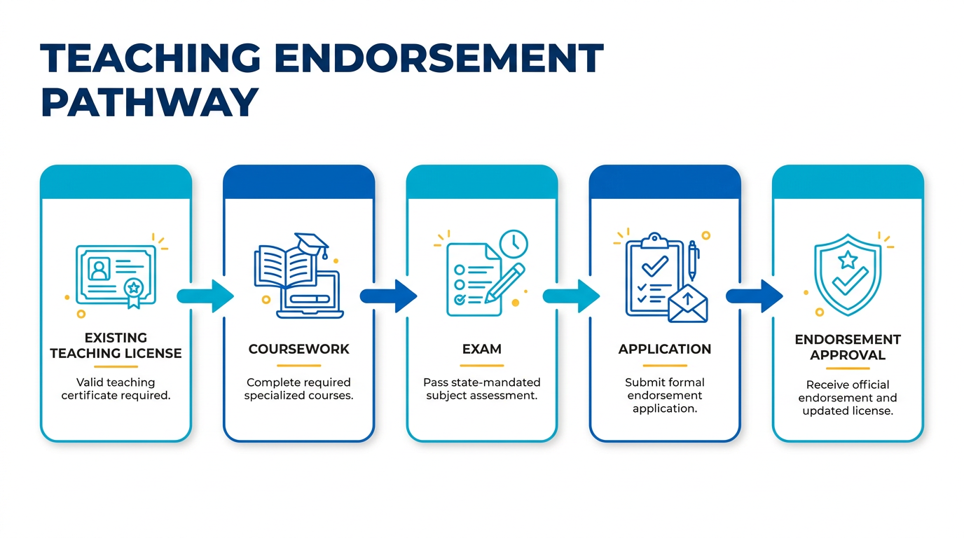 Horizontal infographic showing a five-step pathway from existing teaching license to coursework, exam, application, and endorsement approval using clean icons, arrows, and brand colors for clear visual sequencing.