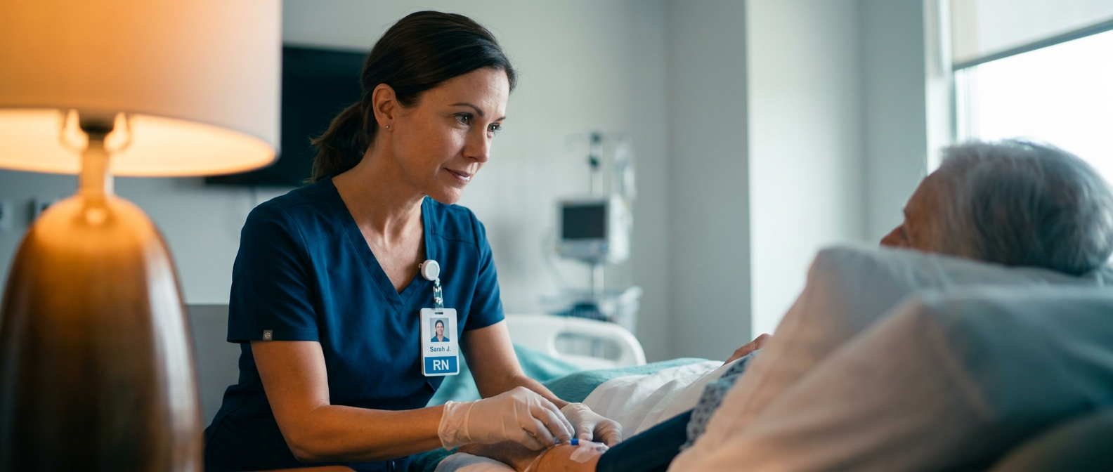 Registered nurse checking a patient’s IV line in a hospital room