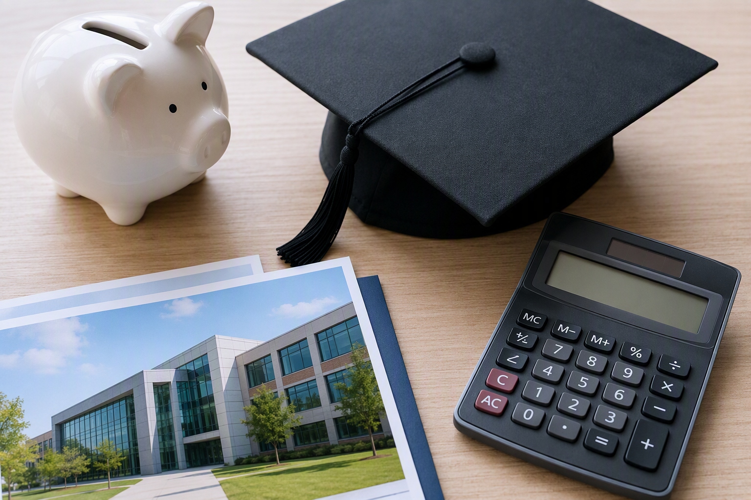 Calculator and tuition bill beside cost table for online computer science bachelor's degrees