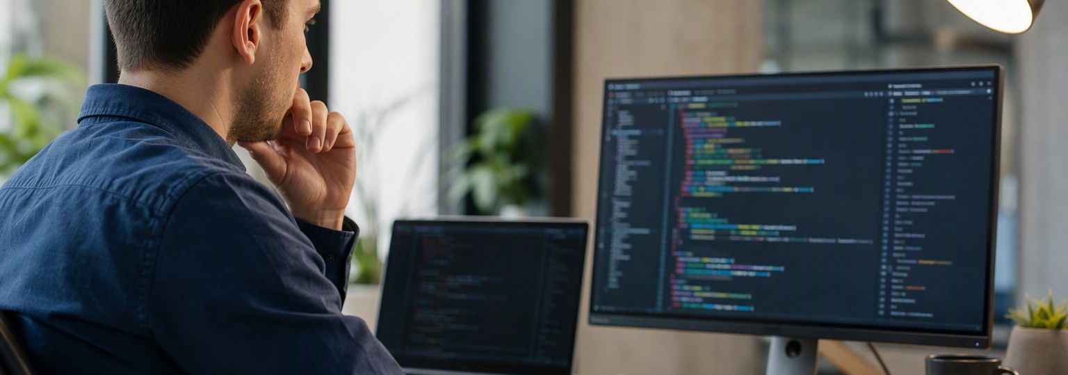 An adult in a modern setting reviews online computer science program materials thoughtfully