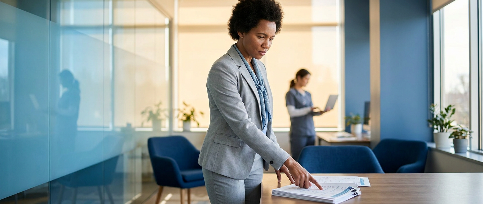Healthcare administrator reviewing printed charts in a clinical office.