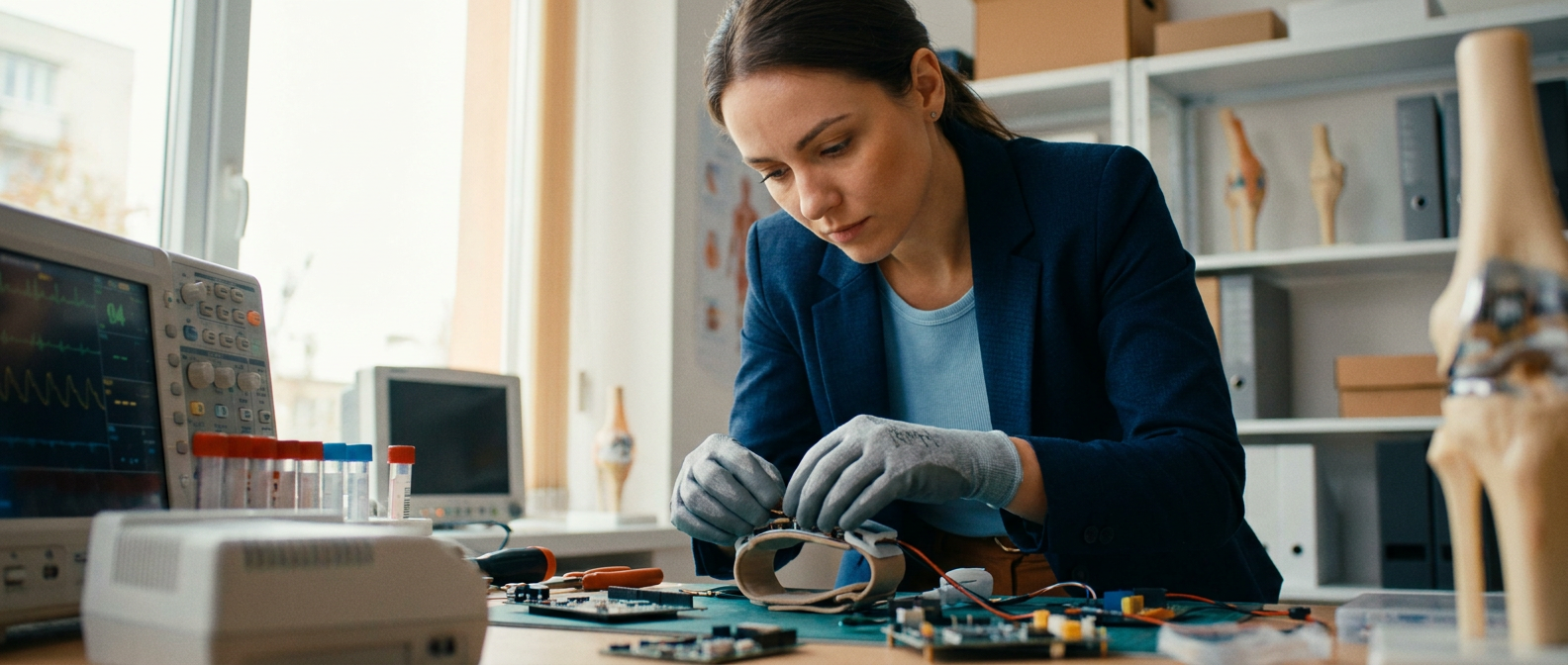 Biomedical engineer assembling a medical device prototype in a diagnostic lab.
