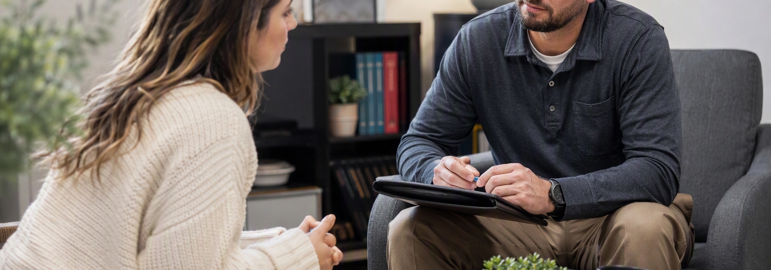 Two adults discussing career options in a bright, modern office environment