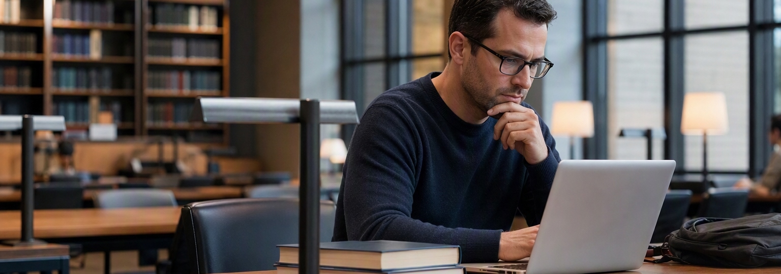 Adult student studying in a bright, professional workspace, considering an online cybersecurity bachelor's degree