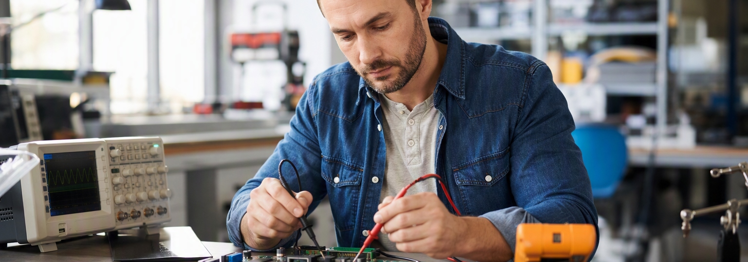 Adult student considering options for an online electrical engineering bachelor's in a study space