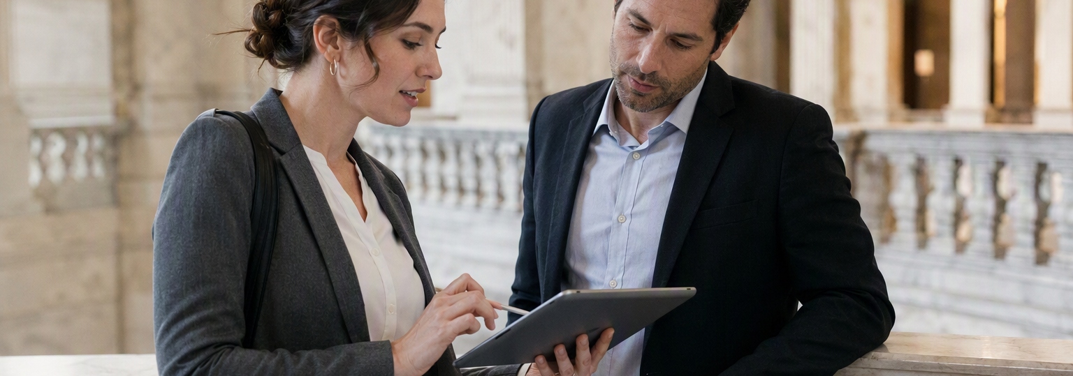 Two adults discussing a political science degree in a modern office setting