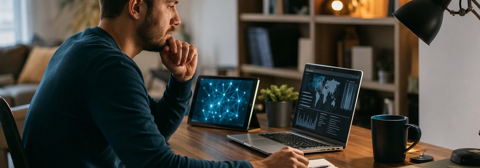 Two adults discussing cybersecurity education options in a modern workspace setting