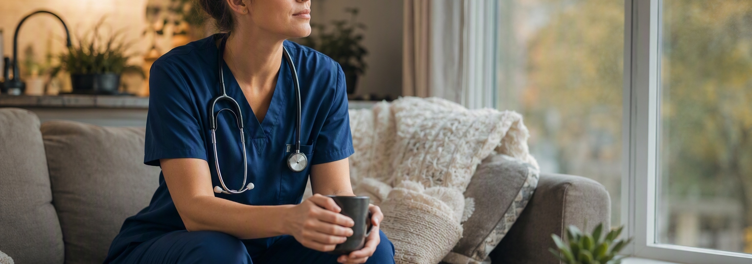 A nurse mid-study in a cozy home workspace, reviewing materials for an online doctorate program