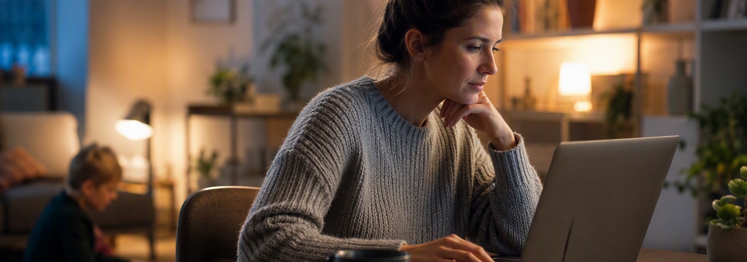 An adult student considers options for an online psychology master's in a study environment