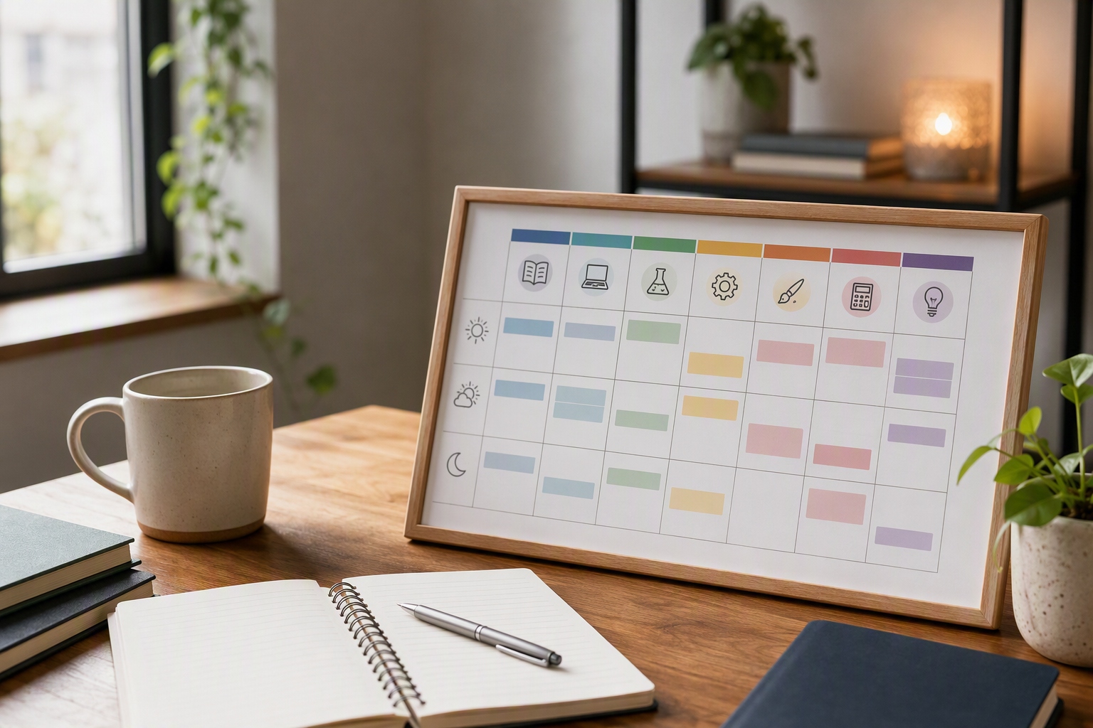 Weekly study planner graphic for online STEAM education master's program while working