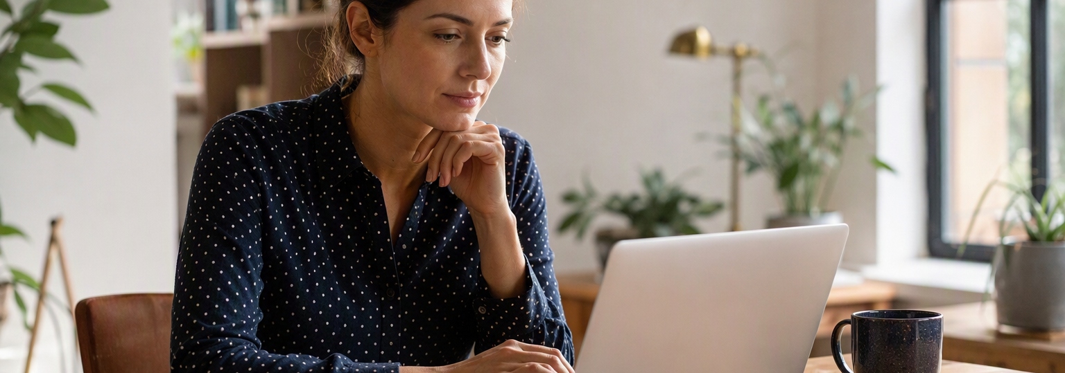 Adult student reviewing online STEAM education program materials in a bright workspace