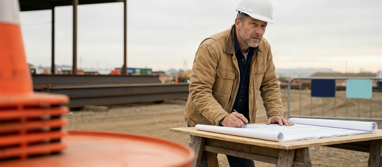 A civil engineer wearing a hard hat reviews and marks construction drawings at a worktable on an active building site.