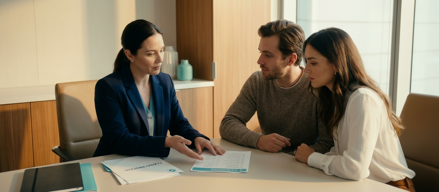 An insurance claims adjuster reviews documents and a checklist with a couple during a professional consultation.