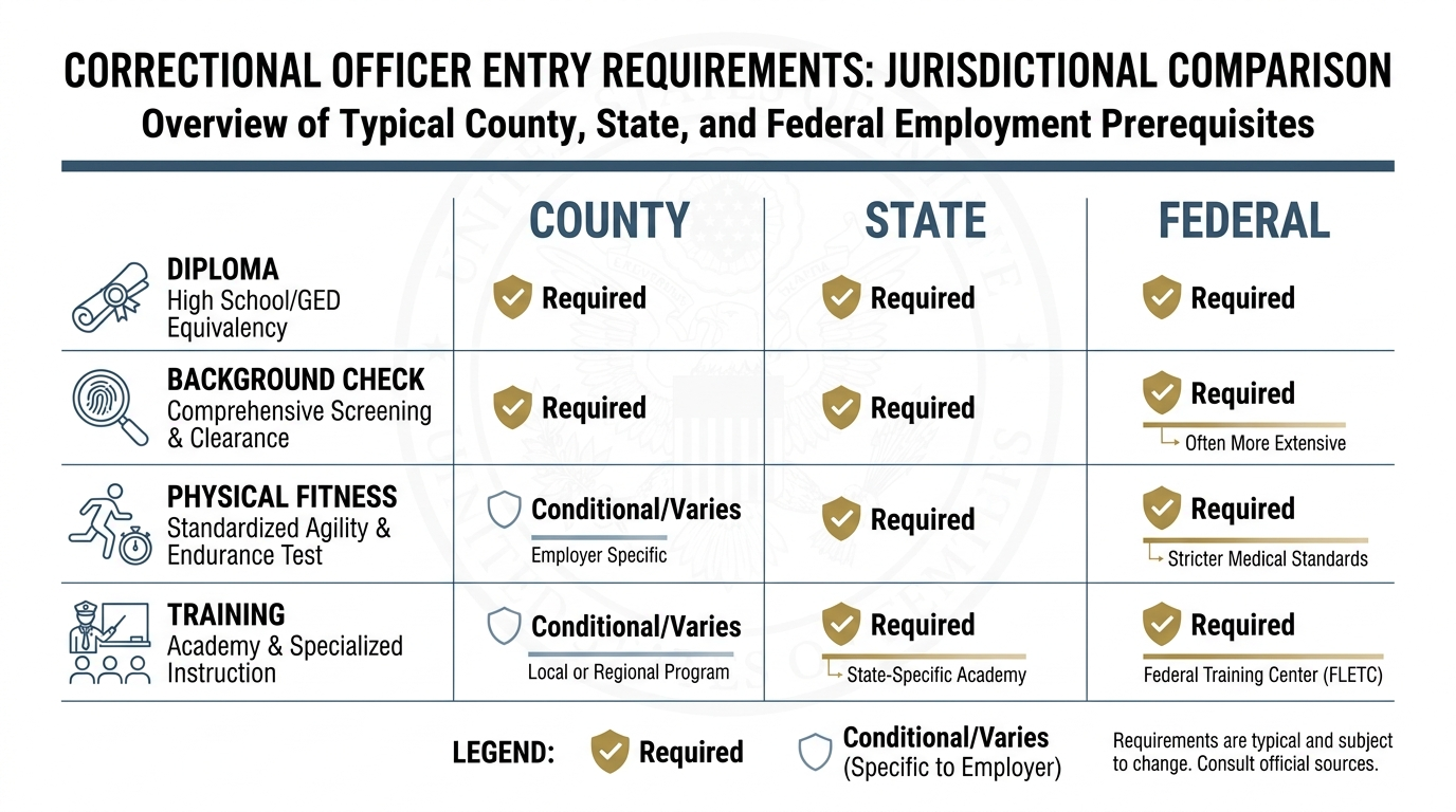 Infographic comparing correctional officer entry requirements across county, state, and federal employers in side-by-side columns with icons for diploma, background check, physical fitness, and training, color-coded to show which requirements apply. Clean, authoritative layout with clear headings and a simple checklist-style matrix for quick comparison.