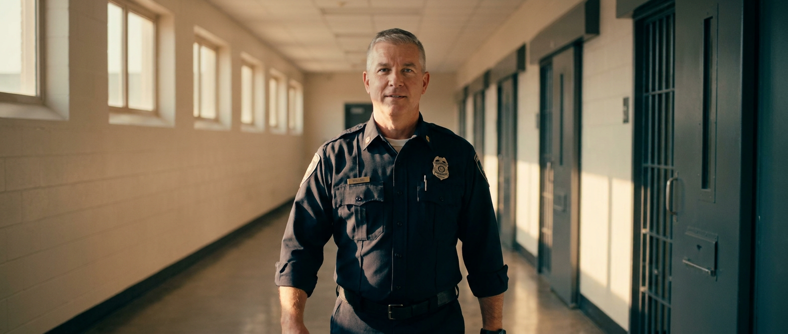 Correctional officer on duty in a secure facility corridor, shown in a professional real-world setting.