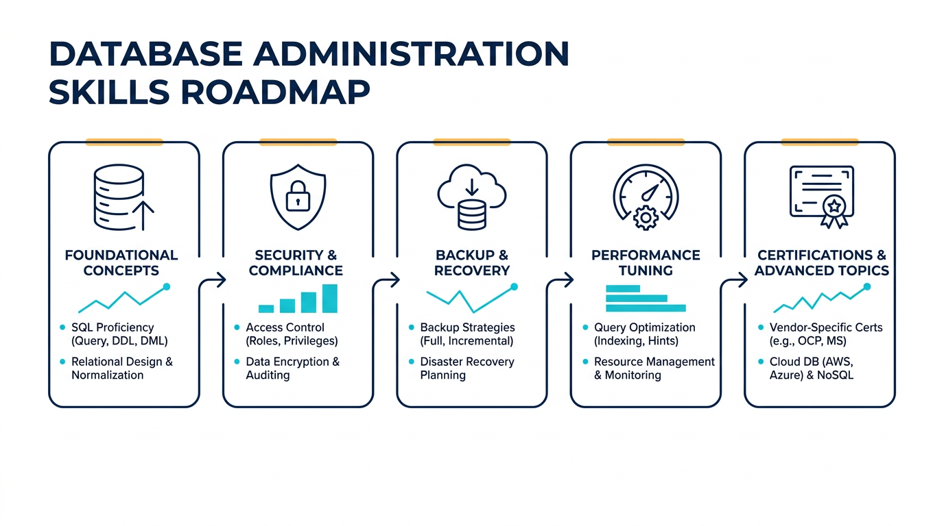 Left-to-right infographic roadmap for database administration showing milestone cards for SQL and database design, security, backups, performance tuning, and certifications, with simple line icons and color-coded accents to highlight priorities.