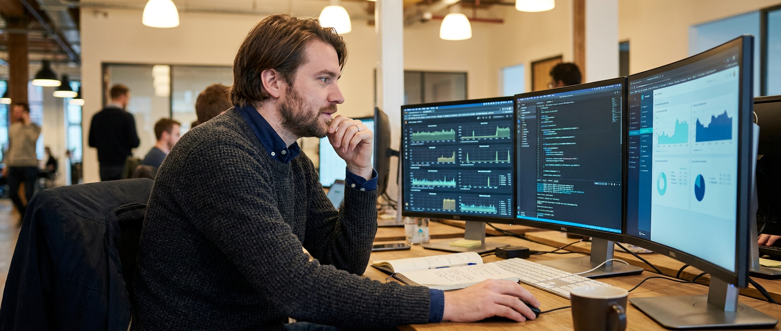 A database administrator reviews system performance dashboards, analytics, and code across multiple monitors in a modern office.
