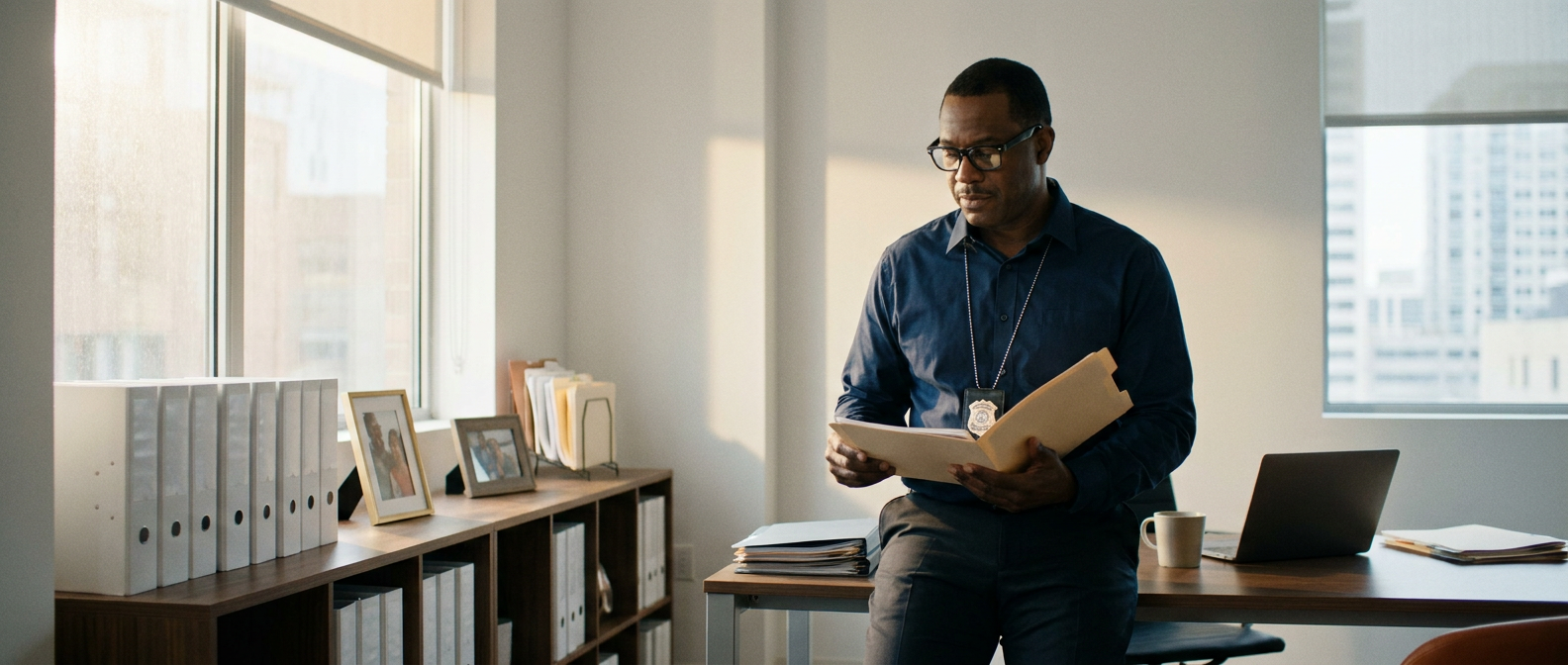 A detective reviews case files in a modern office while standing beside a desk with a laptop, organized binders, and investigative documents.