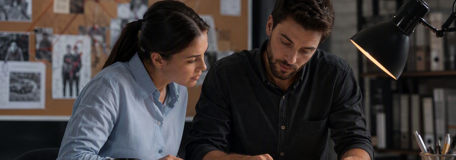 Two adults discussing online criminology bachelor's programs in a bright, modern office setting