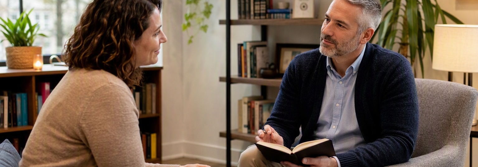 Adult students engaged in discussion about online master's programs in pastoral counseling