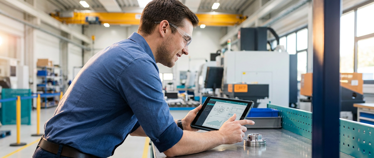 Engineer leaning over a workbench inspecting a component while reading a tablet on a modern production floor, with the tablet and hands in sharp focus and the manufacturing background softly blurred.