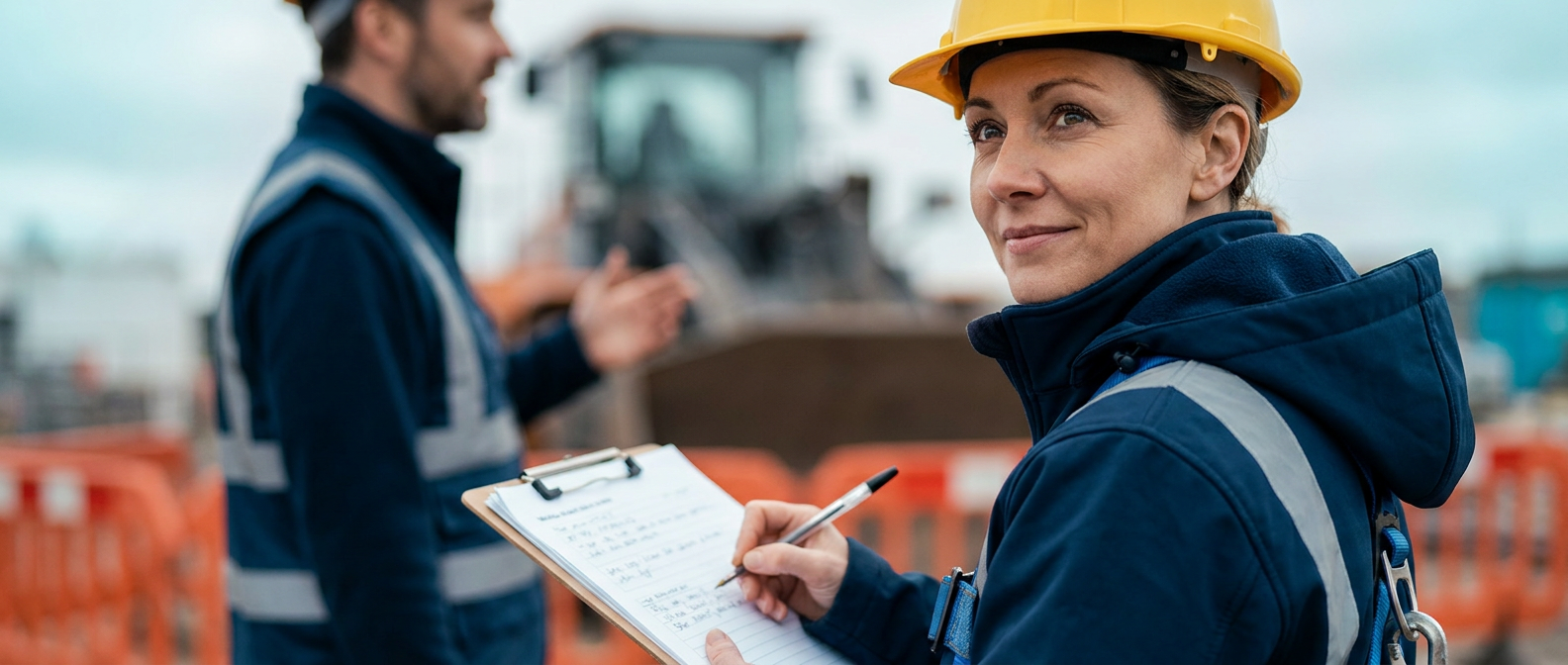 A construction safety professional wearing a hard hat records notes on a clipboard while working at an active outdoor job site.