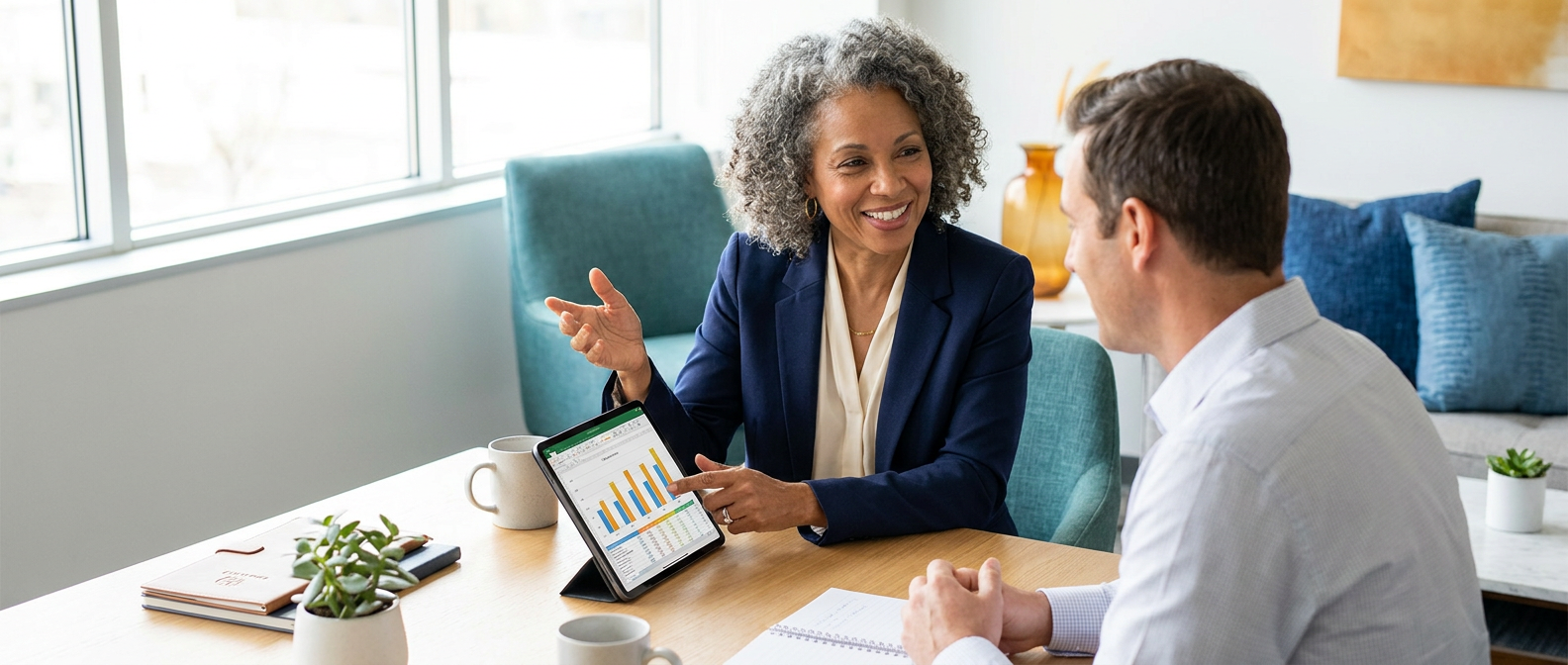 A financial advisor discusses investment performance with a client while presenting charts and data on a tablet during a one-on-one consultation.