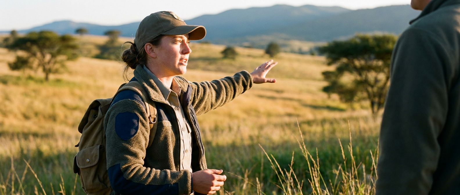Game warden in uniform surveying open grassland at golden hour.