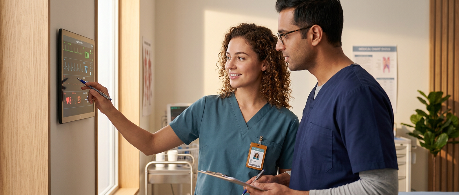 Healthcare professional reviewing a patient chart with a colleague in a bright clinic.