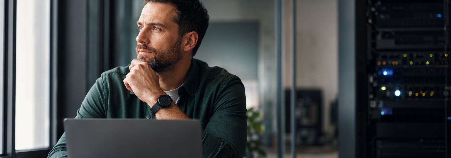 Adult discussing online information technology master's specializations in a modern office environment