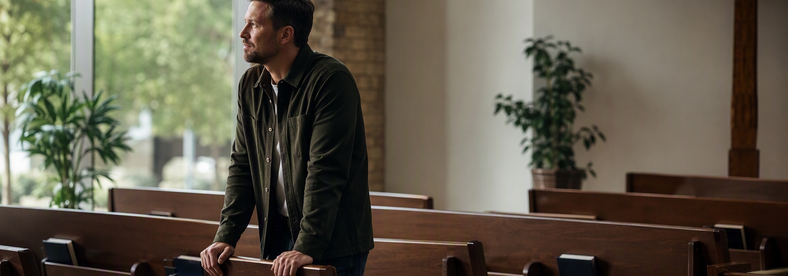 Two adults discussing online leadership and ministry master's program options in a bright, collaborative workspace