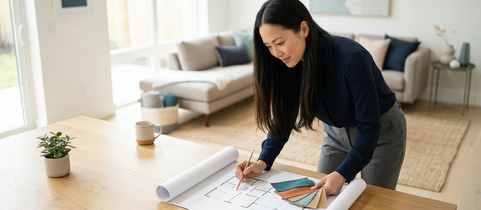 An interior designer reviews a home's floor plan at a table, comparing fabric swatches and marking renovation details in a bright living space.