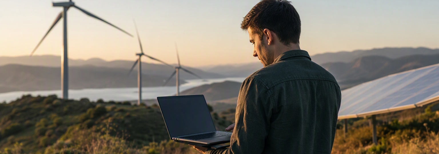 A student examining renewable energy projects in a collaborative workspace for electrical engineering studies