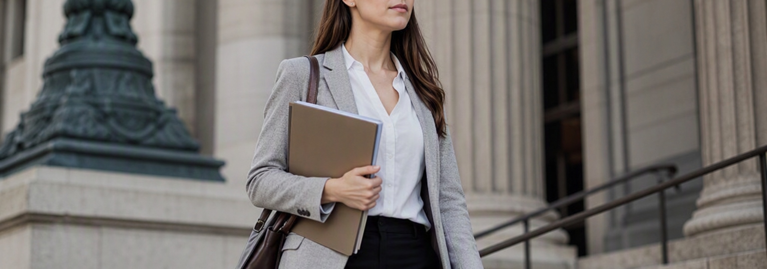Professional adult discussing online paralegal certificate options in a modern office setting