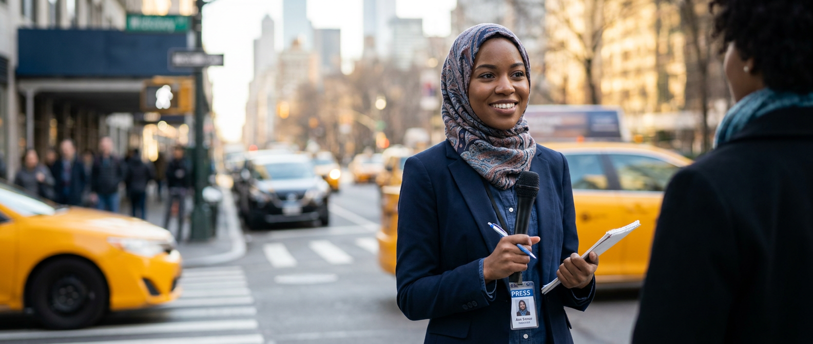 A journalist holds a microphone and notepad while interviewing a person on a busy city street.