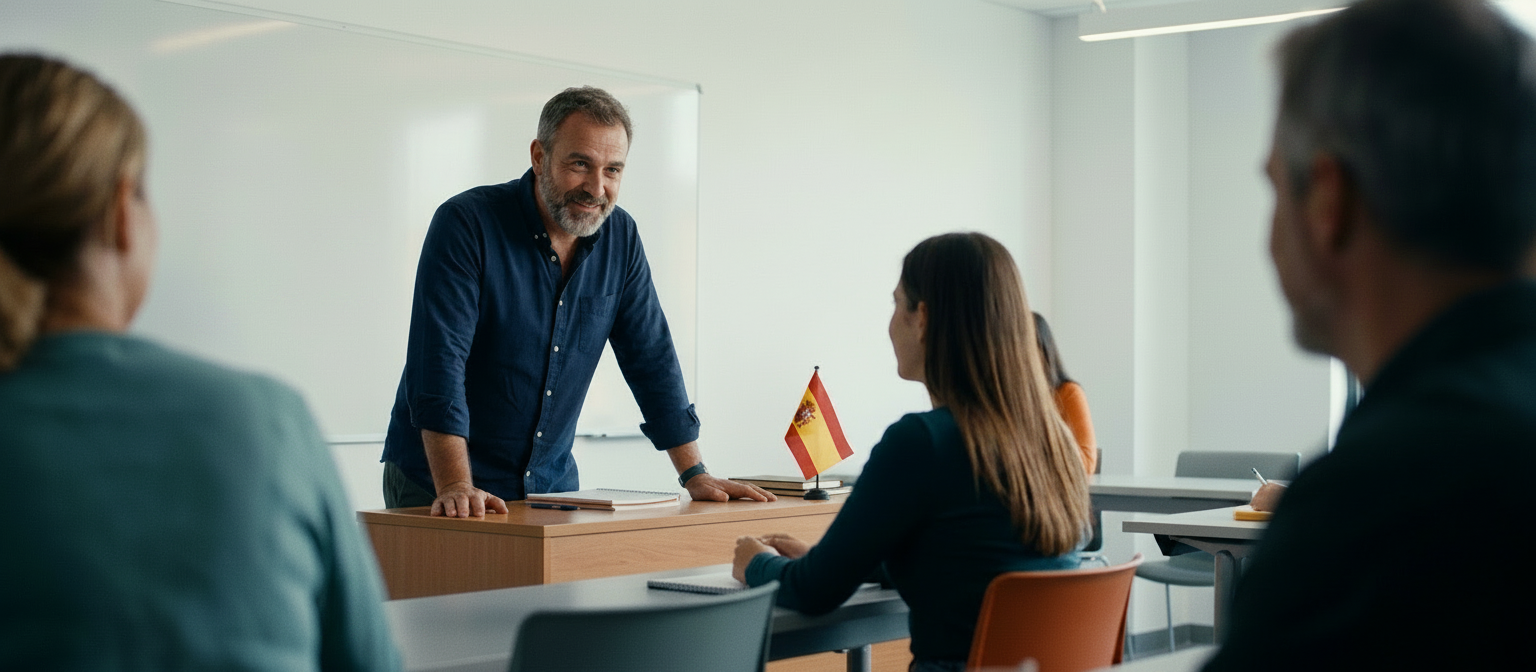 A teacher leads an adult Spanish language class in a modern classroom, with a Spanish flag displayed on the desk as students follow the lesson.