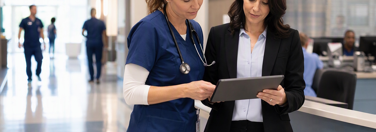 Nurse consulting with healthcare administrator in a clinical setting about career advancement options