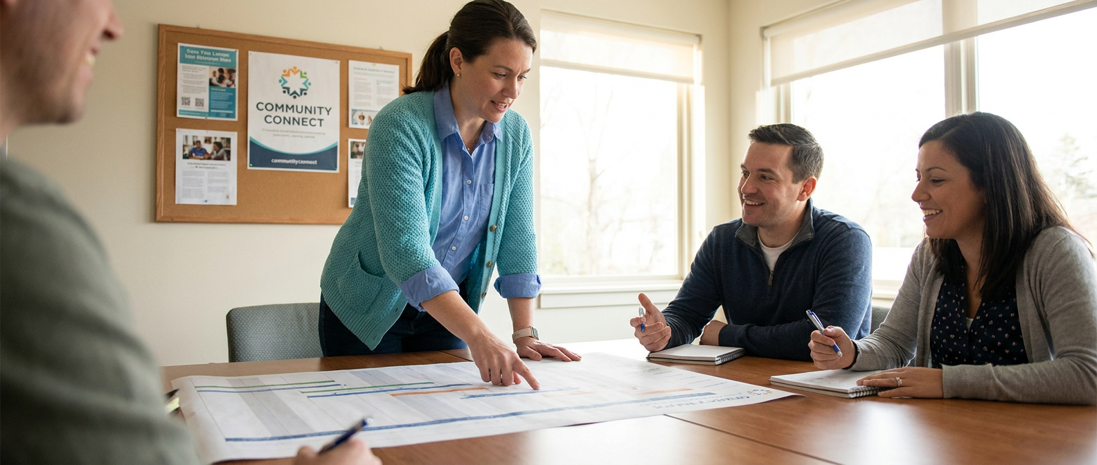 A nonprofit project manager leads a team discussion while reviewing a large project plan.